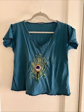 Jayli Teal Short-Sleeve V-Neck Top with Peacock Feather Embroidery